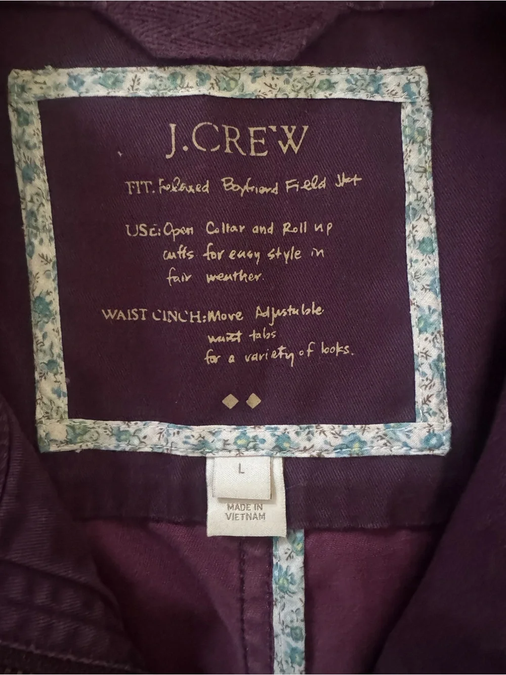 J.Crew Relaxed Boyfriend Field Jacket Purple Utility Cargo Military 100% cotton